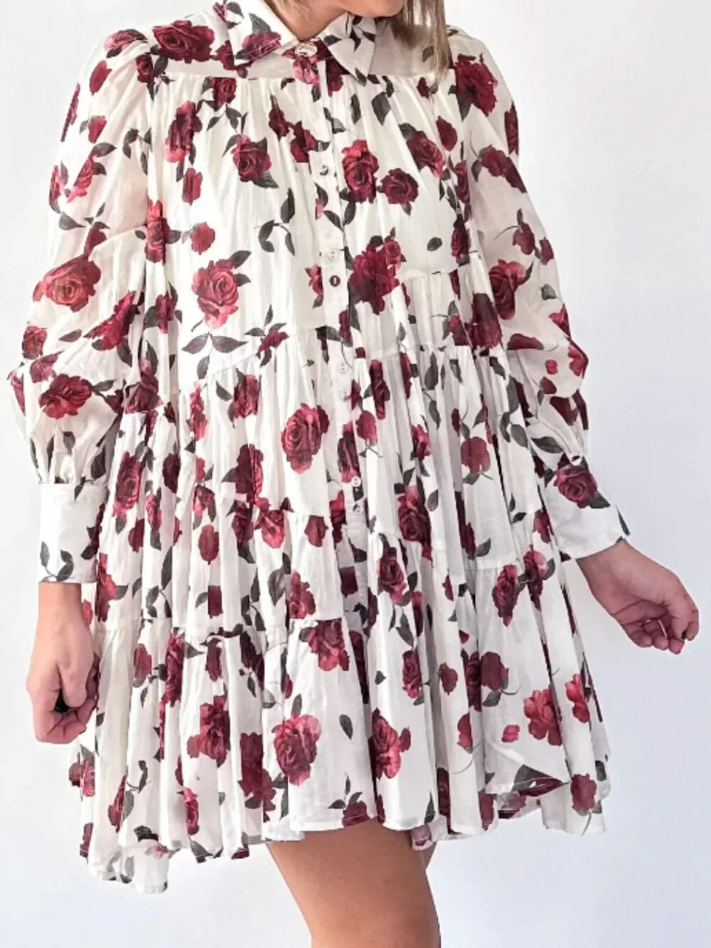 Flowy Mini Dress - Red Roses - Picture 1 of 5